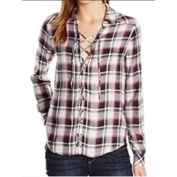 PAIGE plaid button up blouse with laced front long sleeve blouse M 6-10 MSRP$195 - Picture 1 of 4
